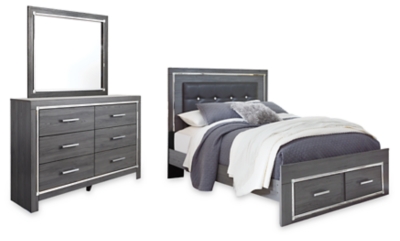 Lodanna Queen Panel Bed with 2 Storage Drawers with Mirrored Dresser, Gray, large