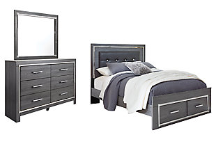 Lodanna Queen Panel Bed with 2 Storage Drawers with Mirrored Dresser, Gray, large
