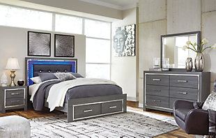 Lodanna Queen Panel Bed with 2 Storage Drawers with Mirrored Dresser, Gray, rollover