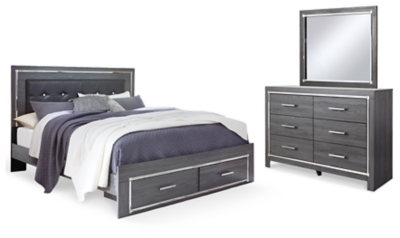 Lodanna King Panel Bed with 2 Storage Drawers with Mirrored Dresser, Gray, large