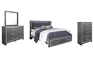 Lodanna King Panel Bed with 2 Storage Drawers with Mirrored Dresser and Chest, Gray, large