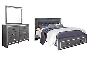 Lodanna King Panel Bed with 2 Storage Drawers with Mirrored Dresser, Gray, large
