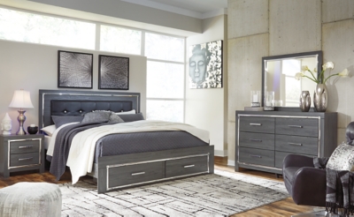 Lodanna King Panel Bed with 2 Storage Drawers with Mirrored Dresser, Gray, large