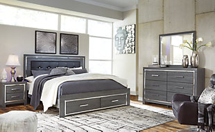 Lodanna King Panel Bed with 2 Storage Drawers with Mirrored Dresser, Gray, rollover
