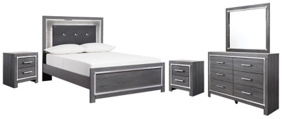 Lodanna Full Panel Bed with Mirrored Dresser and 2 Nightstands, Gray