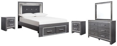 Lodanna Full Panel Bed with 2 Storage Drawers with Mirrored Dresser and 2 Nightstands, Gray