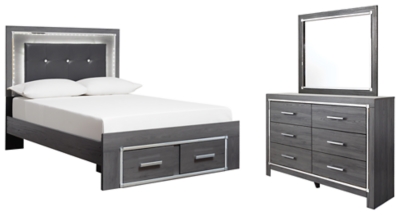 Lodanna Full Panel Bed with 2 Storage Drawers with Mirrored Dresser, Gray