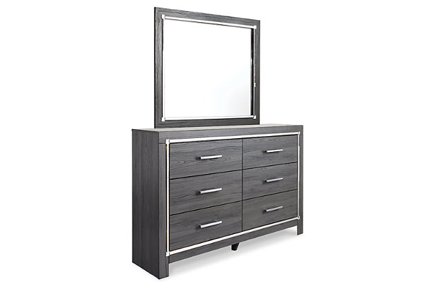 Reminiscent of Hollywood glamour of yesteryear, the Lodanna dresser and mirror set interprets luxury in a decidedly modern way. Dazzling gray finish and faceted chrome-tone accents enhance the star power, while six smooth-gliding drawers provide enough storage to appease your inner diva.Made of egineered wood (MDF/particleboard) and decorative laminate | Gray finish with replicated wood grain | Faceted chrome-tone pulls and accents | 6 smooth-operating drawers | Drawers lined with faux linen laminate | Mirror attaches to back of dresser | Includes tipover restraint device | Assembly required | Estimated Assembly Time: 5 Minutes