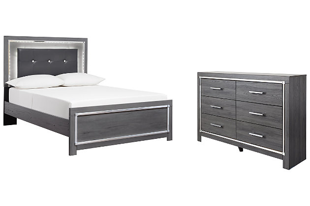 Reminiscent of Hollywood glamour of yesteryear, the Lodanna bedroom set with full panel bed and dresser interprets luxury in a decidedly modern way. Headboard details include button-tufted upholstery, faceted faux crystals and LED lights enhanced with remote-controlled settings for color and brightness. Chrome-tone drawer pulls and accents are a chic complement to the dazzling gray finish.Includes panel bed (headboard, footboard and rails) and 6-drawer dresser | Made of engineered wood (MDF/particleboard) and decorative laminate | Gray finish with replicated wood grain | Dresser with smooth-operating drawers lined with faux linen laminate; faceted chrome-tone pulls and accents | Bed with faux leather upholstery and faux crystal accents | Bed with accent LED lights with remote to control color and brightness | Power cord included; UL Listed | Foundation/box spring required, sold separately; mattress not included, sold separately | Safety is a top priority, clothing storage units are designed to meet the most current standard for stability, ASTM F 2057 (ASTM International) | Drawers extend out to accommodate maximum access to drawer interior while maintaining safety | Assembly required | Estimated Assembly Time: 10 Minutes