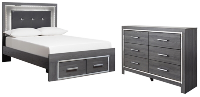 Lodanna Full Panel Bed with 2 Storage Drawers with Dresser, Gray