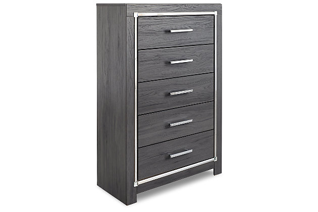 Reminiscent of Hollywood glamour of yesteryear, the Lodanna chest of drawers interprets luxury in a decidedly modern way. Dazzling gray finish and faceted chrome-tone accents enhance the star power, while five smooth-gliding drawers provide enough storage to appease your inner diva.Made of engineered wood (MDF/particleboard) and decorative laminate | Gray finish with replicated wood grain | Faceted chrome-tone pulls and accents | 5 smooth-operating drawers | Drawer interiors are lined with a faux linen laminate for a clean, finished look | Safety is a top priority, clothing storage units are designed to meet the most current standard for stability, ASTM F 2057 (ASTM International) | Drawers extend out to accommodate maximum access to drawer interior while maintaining safety