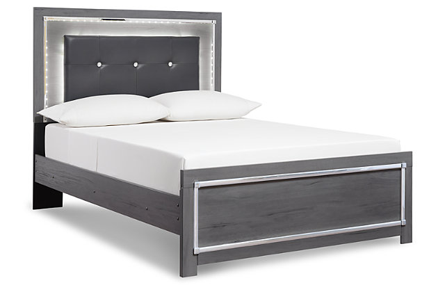Reminiscent of Hollywood glamour of yesteryear, the Lodanna bedroom set with full panel bed and dresser/mirror interprets luxury in a decidedly modern way. Headboard details include button-tufted upholstery, faceted faux crystals and LED lights enhanced with remote-controlled settings for color and brightness. Chrome-tone drawer pulls and accents are a chic complement to the dazzling gray finish.Includes panel bed (headboard, footboard and rails), 6-drawer dresser and mirror | Made of engineered wood (MDF/particleboard) and decorative laminate | Gray finish with replicated wood grain | Dresser with smooth-operating drawers lined with faux linen laminate; faceted chrome-tone pulls and accents | Bed with faux leather upholstery and faux crystal accents | Bed with accent LED lights with remote to control color and brightness | Power cord included; UL Listed | Mirror attaches to back of dresser | Foundation/box spring required, sold separately; mattress not included, sold separately | Safety is a top priority, clothing storage units are designed to meet the most current standard for stability, ASTM F 2057 (ASTM International) | Drawers extend out to accommodate maximum access to drawer interior while maintaining safety | Assembly required | Estimated Assembly Time: 15 Minutes