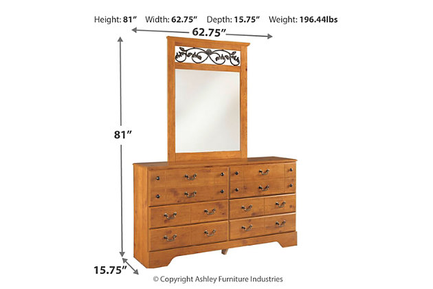 A fresh take on Early American country furniture. When it comes to style, the Bittersweet dresser and mirror set lets nature take its course with details including a brilliant replicated pine grain finish and antiqued brass-tone hardware. The mirror's touch of scrolled metal, made to look like wandering vine, is a naturally beautiful tie-in.Made of engineered wood (MDF/particleboard) and decorative laminate | Replicated rustic pine grain | Antique-brass-finish hardware | 6 drawers | Mirror attaches to back of dresser | Assembly required | Includes tipover restraint device | Estimated Assembly Time: 5 Minutes