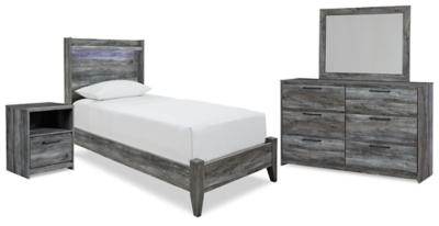 Baystorm Twin Panel Bed with Mirrored Dresser and Nightstand, Gray