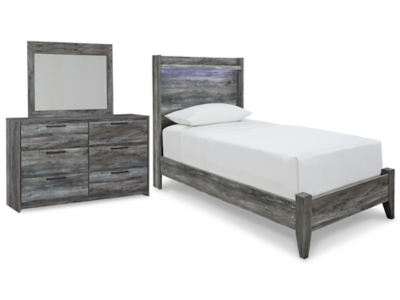 Baystorm Twin Panel Bed with Mirrored Dresser, Gray