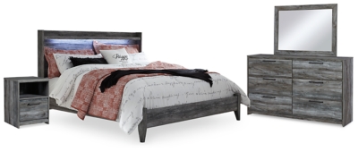 Baystorm King Panel Bed with Mirrored Dresser and Nightstand, Gray