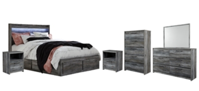 Baystorm Queen Panel Bed With 6 Storage Drawers With Mirrored Dresser Chest And 2 Nightstands Ashley Furniture Homestore