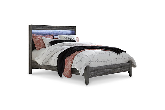 Rest in the beachy style of the Baystorm queen panel bed. Its driftwood and surfer-inspired smoky finish gives this bed a rustic look that's perfect for creating an island escape in the room. Clean lines and modern charm blend for an authentic look to be enjoyed for years to come. Mattress and foundation/box spring sold separately.Includes headboard, footboard and rails | Made with engineered wood (MDF/particleboard) and decorative laminate | Smoky gray finish over replicated oak grain with authentic touch | Foundation/box spring required, sold separately | Mattress available, sold separately | Assembly required | Estimated Assembly Time: 5 Minutes