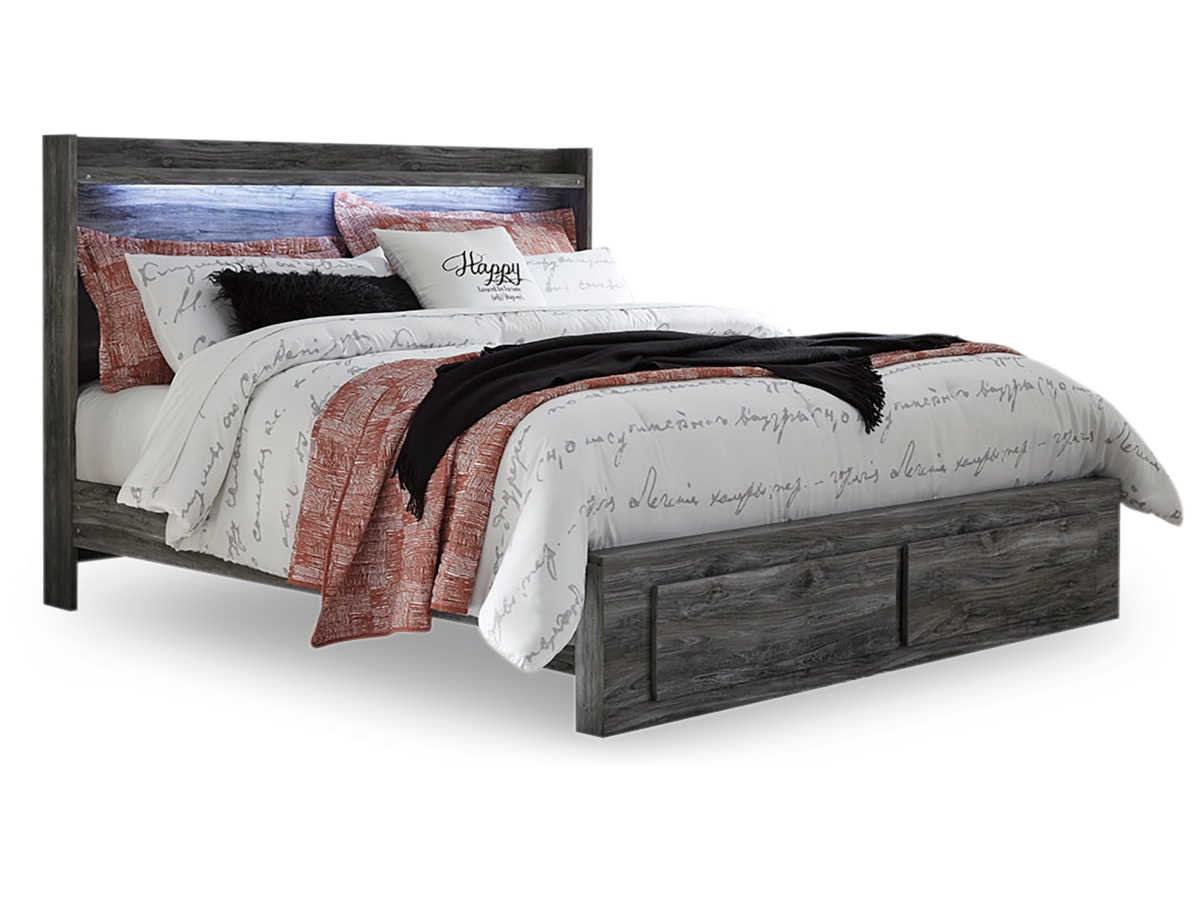 The Caitbrook Gray King Storage Bed With 8 Drawers is available at