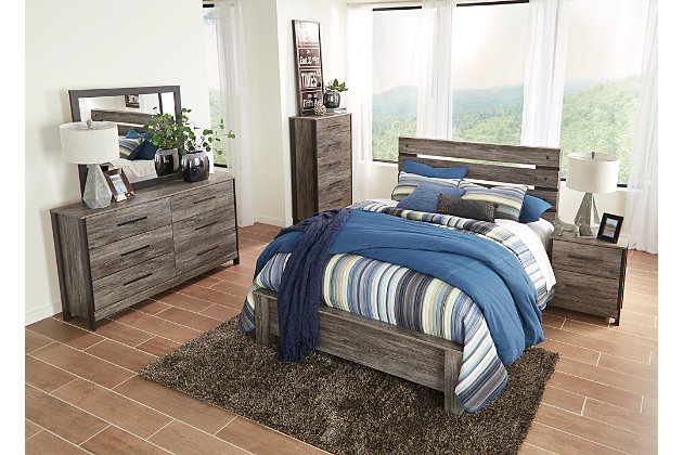 As much as you love escaping to the country, you’re equally drawn to the city. No wonder the Cazenfeld queen panel headboard fits you so well. Sporting an easy-on-the-eyes finish inspired by weathered barn wood, Cazenfeld is sure to please with an uptown look and a down-to-earth sensibility. Open slat headboard with rivet accents gives the urban pastoral aesthetic an added punch of character.Headboard only | Hardware not included | Made of engineered wood (MDF/particleboard) and decorative laminate | Rustic warm gray finish over replicated oak grain | ¼" bolts are needed to attach headboard to existing bed frame | Bolt length depends on thickness of your bed frame | Assembly required