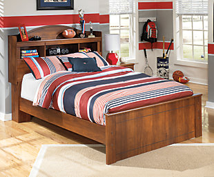 While he might be outgrowing his clothes faster than you like, rest assured the comfortably classic Barchan full bookcase bed will suit him for years to come. Clean, sophisticated lines blend with a warm and rustic feel, enhanced by a replicated timber cherry grain finish with great staying power. Top-shelf display space and three cubbies offer room for self-expression. Mattress and foundation/box spring sold separately.Made of engineered wood (MDF/particleboard) | Includes headboard, footboard and rails | Headboard with 1 shelf and 3 storage cubbies | Assembly required | Estimated Assembly Time: 10 Minutes