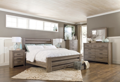 Zelen Panel Bed with Dresser Mirror and Nightstand, Warm Gray