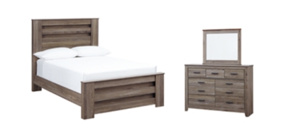 Zelen Full Panel Bed with Mirrored Dresser, Warm Gray