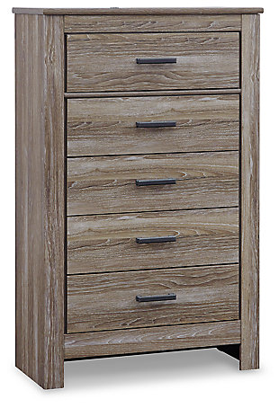 If effortless elegance is the impression you’re going for, the Zelen chest of drawers is custom made to fit your space. It’s got the crisp, clean lines of a contemporary piece, but with softly weathered elements, including antiqued industrial pulls and an earthy finish that lets the beauty of replicated oak grain flow through. Five roomy drawers make it a wardrobe storage essential.Made of engineered wood (MDF/particleboard) and decorative laminate | Warm gray vintage finish with white wax effect over replicated oak grain | Pewter-tone hardware | 5 smooth-operating drawers | Excluded from promotional discounts and coupons | Small Space Solution | Includes tipover restraint device | Safety is a top priority, clothing storage units are designed to meet the most current standard for stability, ASTM F 2057 (ASTM International) | Drawers extend out to accommodate maximum access to drawer interior while maintaining safety | Assembly required