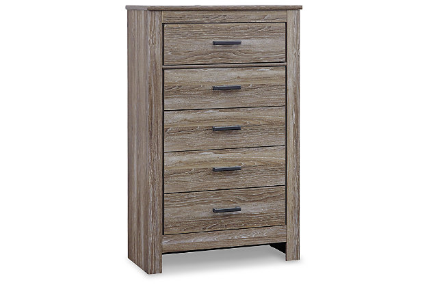 If effortless elegance is the impression you’re going for, the Zelen chest of drawers is custom made to fit your space. It’s got the crisp, clean lines of a contemporary piece, but with softly weathered elements, including antiqued industrial pulls and an earthy finish that lets the beauty of replicated oak grain flow through. Five roomy drawers make it a wardrobe storage essential.Made of engineered wood (MDF/particleboard) and decorative laminate | Warm gray vintage finish with white wax effect over replicated oak grain | Pewter-tone hardware | 5 smooth-operating drawers | Excluded from promotional discounts and coupons | Small Space Solution | Includes tipover restraint device | Safety is a top priority, clothing storage units are designed to meet the most current standard for stability, ASTM F 2057 (ASTM International) | Drawers extend out to accommodate maximum access to drawer interior while maintaining safety | Assembly required