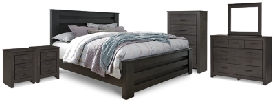 Cama King Brinxton, espejo de cómoda, sinfonier y 2 mesitas de noche