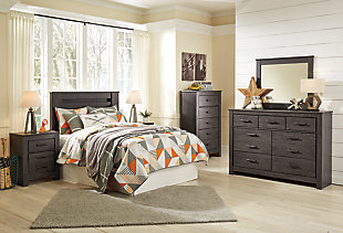 Priced to entice and styled to impress, the Brinxton dresser makes the most of a clean-lined, contemporary profile. With three drawer sizes scaled to meet your needs, the design merges cool form and practical function. Replicated oak grain effect gives the modern, charcoal gray finish warmth and character. Linear pulls are a sleek touch.Dresser only | Made with engineered wood (MDF/particleboard) and decorative laminate | Dark charcoal finish over replicated oak grain | 7 smooth-gliding drawers; 3 drawer sizes | Linear pulls with dark pewter-tone finish | Safety is a top priority, clothing storage units are designed to meet the most current standard for stability, ASTM F 2057 (ASTM International) | Drawers extend out to accommodate maximum access to drawer interior while maintaining safety | Assembly required