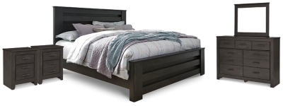 Cama King, cómoda, espejo y 2 mesitas de noche Brinxton