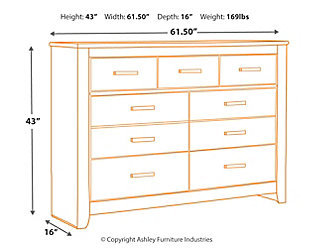 Priced to entice and styled to impress, the Brinxton dresser makes the most of a clean-lined, contemporary profile. With three drawer sizes scaled to meet your needs, the design merges cool form and practical function. Replicated oak grain effect gives the modern, charcoal gray finish warmth and character. Linear pulls are a sleek touch.Dresser only | Made with engineered wood (MDF/particleboard) and decorative laminate | Dark charcoal finish over replicated oak grain | 7 smooth-gliding drawers; 3 drawer sizes | Linear pulls with dark pewter-tone finish | Safety is a top priority, clothing storage units are designed to meet the most current standard for stability, ASTM F 2057 (ASTM International) | Drawers extend out to accommodate maximum access to drawer interior while maintaining safety | Assembly required