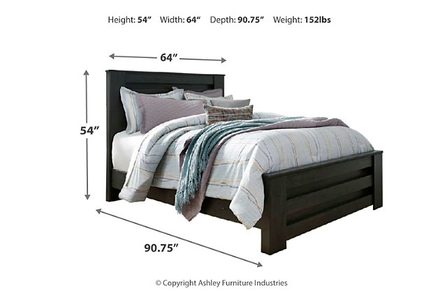 Priced to entice and styled to impress, the alluring Brinxton queen panel bed is urban sophistication with a decidedly relaxed air. It’s got the crisp, clean lines of a contemporary piece, but with an earthy element. Deep, horizontal grooves infuse depth and dimension, a replicated oak grain effect gives the charcoal gray finish warmth and character. Mattress and foundation/box spring sold separately.Includes headboard, footboard and rails | Made with engineered wood (MDF/particleboard) and decorative laminate | Dark charcoal finish over replicated oak grain | Foundation/box spring required, sold separately | Mattress available, sold separately | Assembly required | Estimated Assembly Time: 10 Minutes