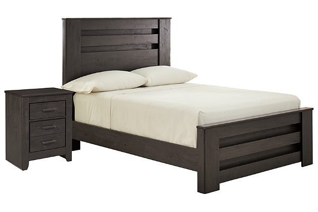 Priced to entice and styled to impress, the alluring Brinxton 4-piece full bedroom set is urban sophistication with a decidedly relaxed air. It’s got the crisp, clean lines of a contemporary piece, but with an earthy element. Replicated oak grain effect gives the modern, gray finish warmth and character. With multiple drawer sizes scaled to meet your needs, the nightstand design merges cool form and practical function. Large linear pulls are a sleek touch. Mattress and foundation/box spring sold separately.Includes full bed (headboard, footboard and rails) and 2-drawer nightstand | Made with engineered wood (MDF/particleboard) and decorative laminate | Dark charcoal finish over replicated oak grain | Linear pulls with dark pewter-tone finish | Nightstand with smooth-gliding drawers | Foundation/box spring required, sold separately | Mattress available, sold separately | Assembly required | Estimated Assembly Time: 10 Minutes