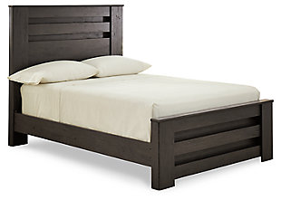 Priced to entice and styled to impress, the alluring Brinxton 4-piece full bedroom set is urban sophistication with a decidedly relaxed air. It’s got the crisp, clean lines of a contemporary piece, but with an earthy element. Replicated oak grain effect gives the modern, gray finish warmth and character. With multiple drawer sizes scaled to meet your needs, the nightstand design merges cool form and practical function. Large linear pulls are a sleek touch. Mattress and foundation/box spring sold separately.Includes full bed (headboard, footboard and rails) and 2-drawer nightstand | Made with engineered wood (MDF/particleboard) and decorative laminate | Dark charcoal finish over replicated oak grain | Linear pulls with dark pewter-tone finish | Nightstand with smooth-gliding drawers | Foundation/box spring required, sold separately | Mattress available, sold separately | Assembly required | Estimated Assembly Time: 10 Minutes
