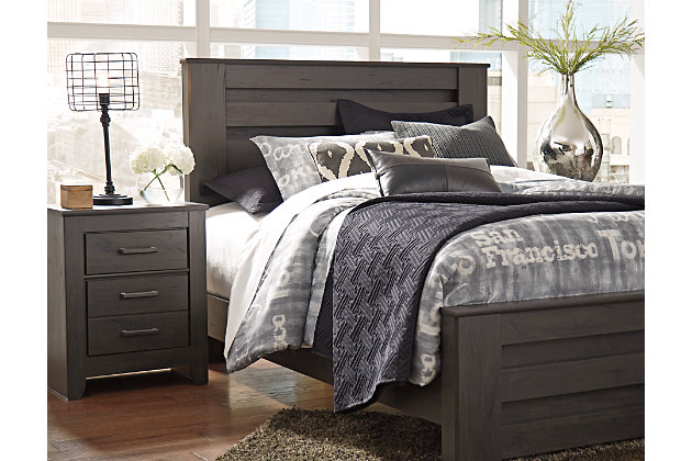 Priced to entice and styled to impress, the alluring Brinxton queen panel bed is urban sophistication with a decidedly relaxed air. It’s got the crisp, clean lines of a contemporary piece, but with an earthy element. Deep, horizontal grooves infuse depth and dimension, a replicated oak grain effect gives the charcoal gray finish warmth and character. Mattress and foundation/box spring sold separately.Includes headboard, footboard and rails | Made of engineered wood and decorative laminate | Dark charcoal finish over replicated oak grain | Foundation/box spring required, sold separately | Mattress available, sold separately | Assembly required | Estimated Assembly Time: 10 Minutes
