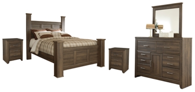 Juararo Queen Poster Bed with Mirrored Dresser and 2 Nightstands, Dark Brown