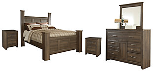 Get the look of posh barn wood without setting foot in a salvage yard with the Juararo bedroom set with queen poster bed, two nightstands and dresser with mirror. Replicated rough-sawn oak finish has a vintage feel reminiscent of a timeworn family heirloom. Warm, rustic and naturally beautiful, it’s just got that ageless appeal. Sleek hardware in a pewter tone lends a snappy finishing touch. Mattress and foundation/box spring available, sold separately.Includes panel headboard, 6-drawer dresser with mirror and 5-drawer chest | Made with engineered wood (MDF/particleboard) and decorative laminate | Vintage aged brown rough sawn finish over replicated oak grain | Pewter-tone hardware | Dresser and chest with smooth-gliding drawers | Dresser with 1 cabinet and 1 adjustable shelf | Mirror attaches to back of dresser | ¼" bolts are needed to attach headboard to existing bed frame | Safety is a top priority, clothing storage units are designed to meet the most current standard for stability, ASTM F 2057 (ASTM International) | Drawers extend out to accommodate maximum access to drawer interior while maintaining safety | Assembly required | Estimated Assembly Time: 15 Minutes