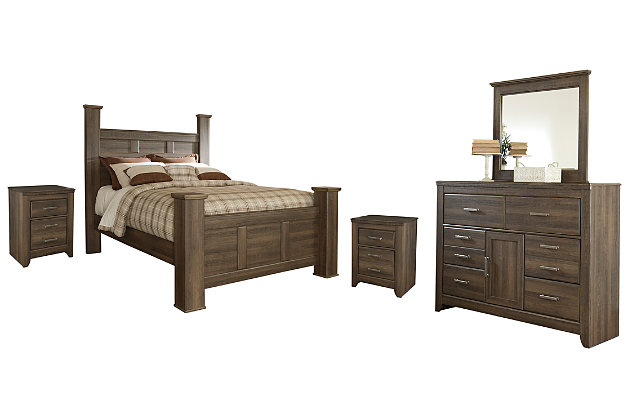 Juararo Queen Poster Bed With Mirrored, Bedroom Dresser For Two