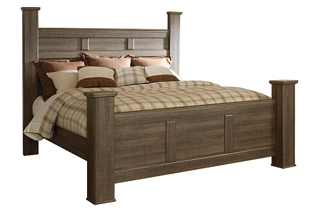Get the look of posh barn wood without setting foot in a salvage yard. Replicated rough-sawn oak of the Juararo poster bed has a vintage finish that is reminiscent of a timeworn family heirloom. Warm, rustic and naturally beautiful, it’s just got that ageless appeal. Mattress available, sold separately.Made of manmade wood | Includes headboard, footboard and rails | Assembly required
