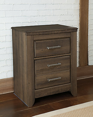 Get the look of posh barn wood without setting foot in a salvage yard with the Juararo bedroom set with queen poster bed, two nightstands and dresser with mirror. Replicated rough-sawn oak finish has a vintage feel reminiscent of a timeworn family heirloom. Warm, rustic and naturally beautiful, it’s just got that ageless appeal. Sleek hardware in a pewter tone lends a snappy finishing touch. Mattress and foundation/box spring available, sold separately.Includes panel headboard, 6-drawer dresser with mirror and 5-drawer chest | Made with engineered wood (MDF/particleboard) and decorative laminate | Vintage aged brown rough sawn finish over replicated oak grain | Pewter-tone hardware | Dresser and chest with smooth-gliding drawers | Dresser with 1 cabinet and 1 adjustable shelf | Mirror attaches to back of dresser | ¼" bolts are needed to attach headboard to existing bed frame | Safety is a top priority, clothing storage units are designed to meet the most current standard for stability, ASTM F 2057 (ASTM International) | Drawers extend out to accommodate maximum access to drawer interior while maintaining safety | Assembly required | Estimated Assembly Time: 15 Minutes