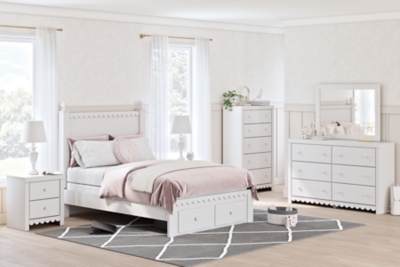 Mollviney Full Panel Storage Bed with Mirrored Dresser, Chest and 2 Nightstands, White