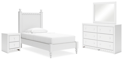 Mollviney Twin Panel Bed with Mirrored Dresser and Nightstand, White