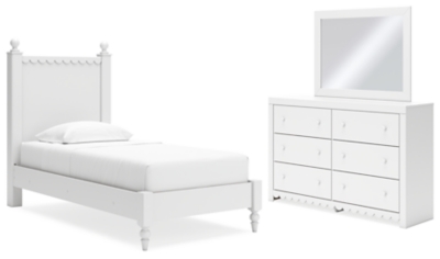 APG-B2540B2-5P Mollviney Twin Panel Bed with Mirrored Dresser, Wh sku APG-B2540B2-5P