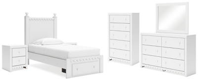 Mollviney Twin Panel Storage Bed with Mirrored Dresser, Chest and 2 Nightstands, White, large