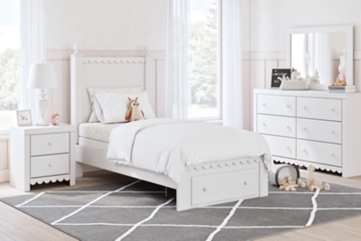 Mollviney Twin Panel Storage Bed with Mirrored Dresser and Nightstand, White, rollover