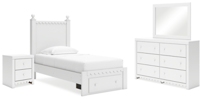 Mollviney Twin Panel Storage Bed with Mirrored Dresser and Nightstand, White, large