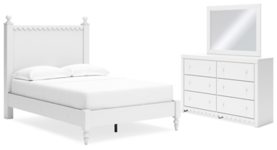 APG-B2540B3-5P Mollviney Full Panel Bed with Mirrored Dresser, Wh sku APG-B2540B3-5P