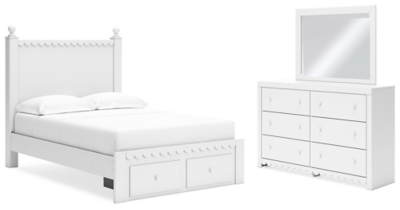 Mollviney Full Panel Storage Bed with Mirrored Dresser, White